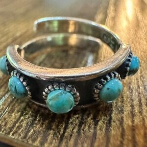 Boho Native American Turquoise Elegance Adjustable Sterling Silver Ring Band, G